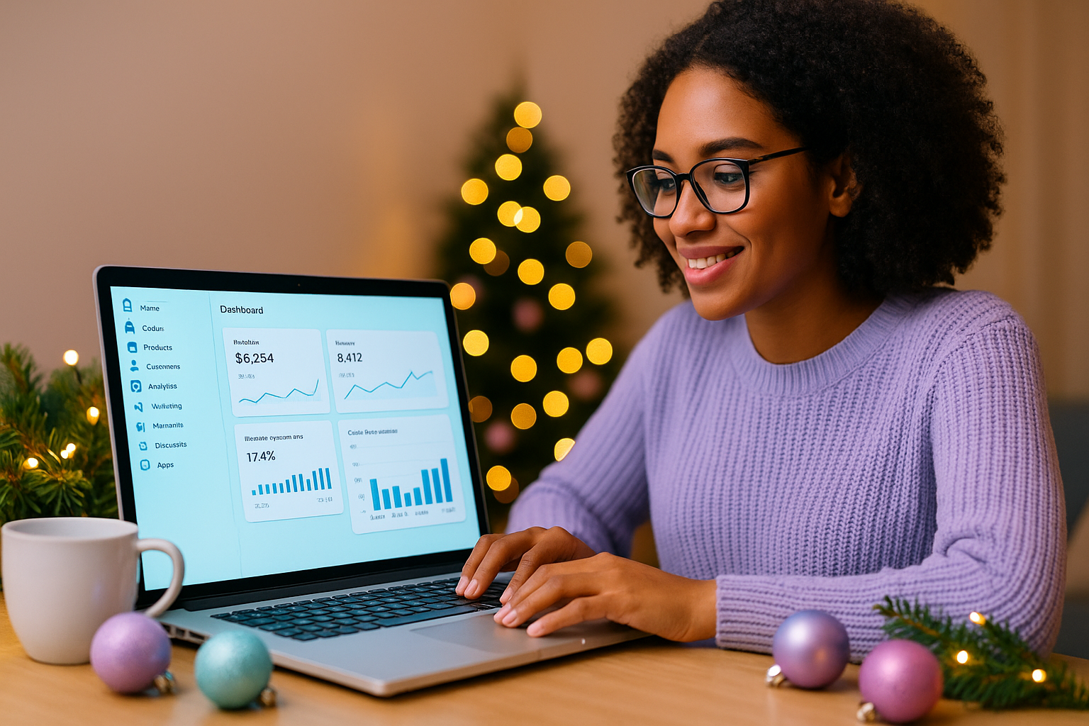 Shopify store owner reviewing holiday sales performance with help from a virtual assistant during festive season