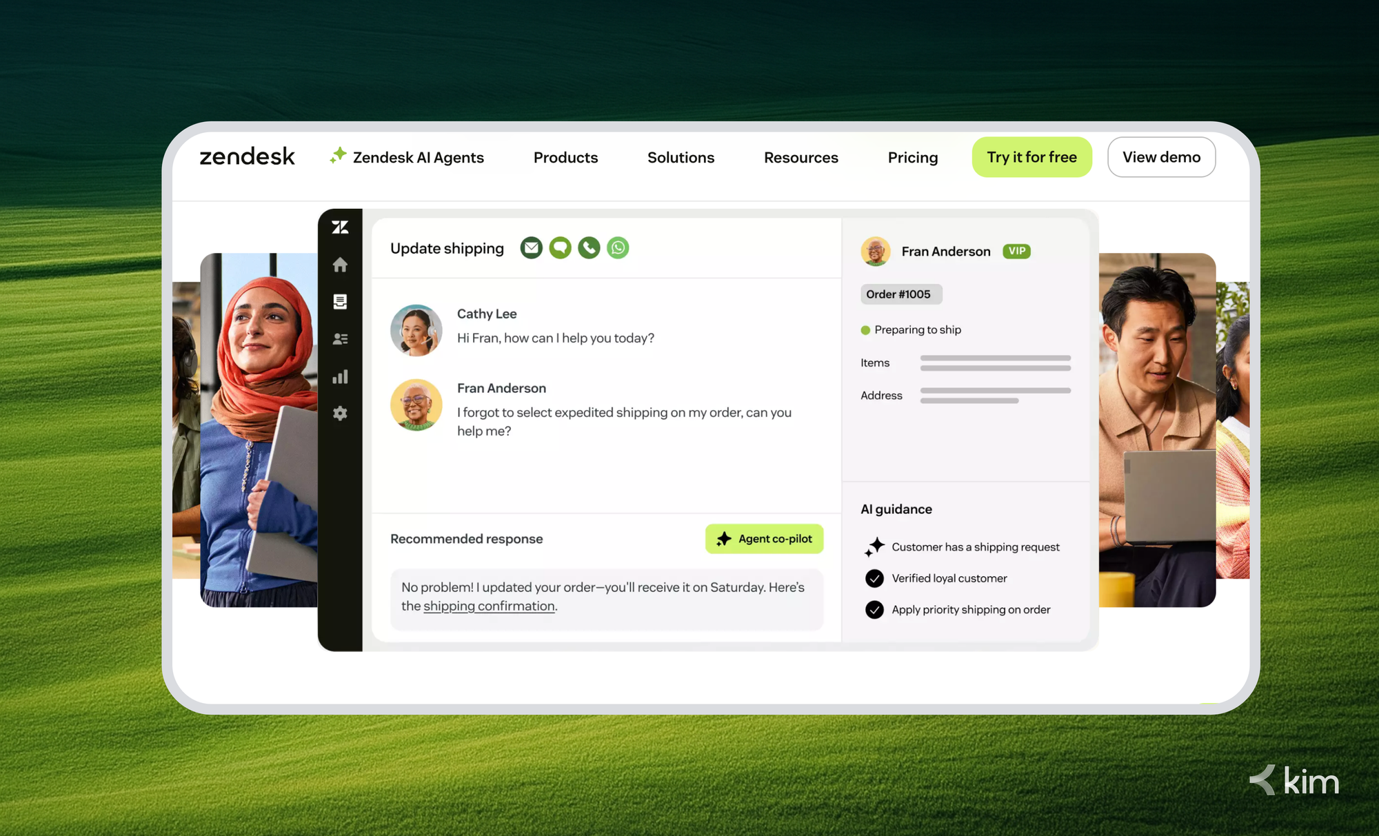 An AI-powered customer support dashboard showing a multilingual conversation between a customer and support agent, with automated response suggestions