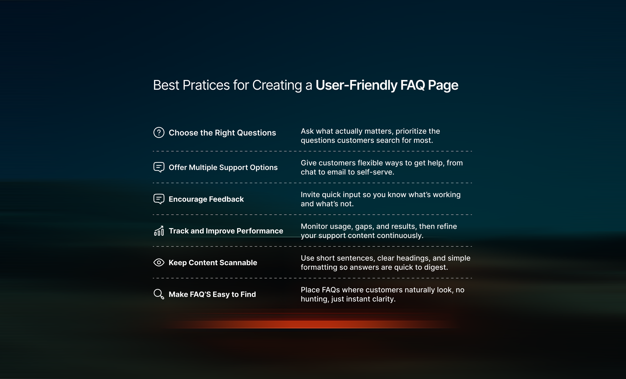 Best practices for creating a user-friendly FAQ page including choosing questions, offering support options, tracking performance, and encouraging feedback