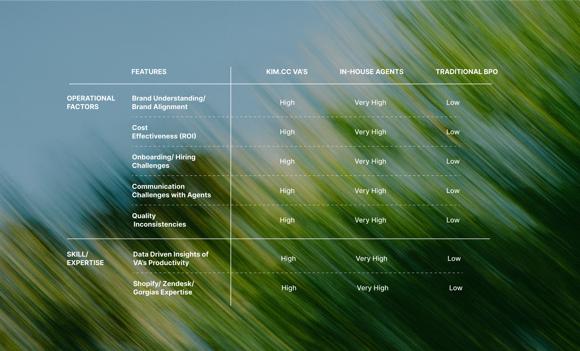 Comparison of Kim.cc virtual assistants, in-house agents, and traditional BPOs for Shopify customer support across operational and skill factors