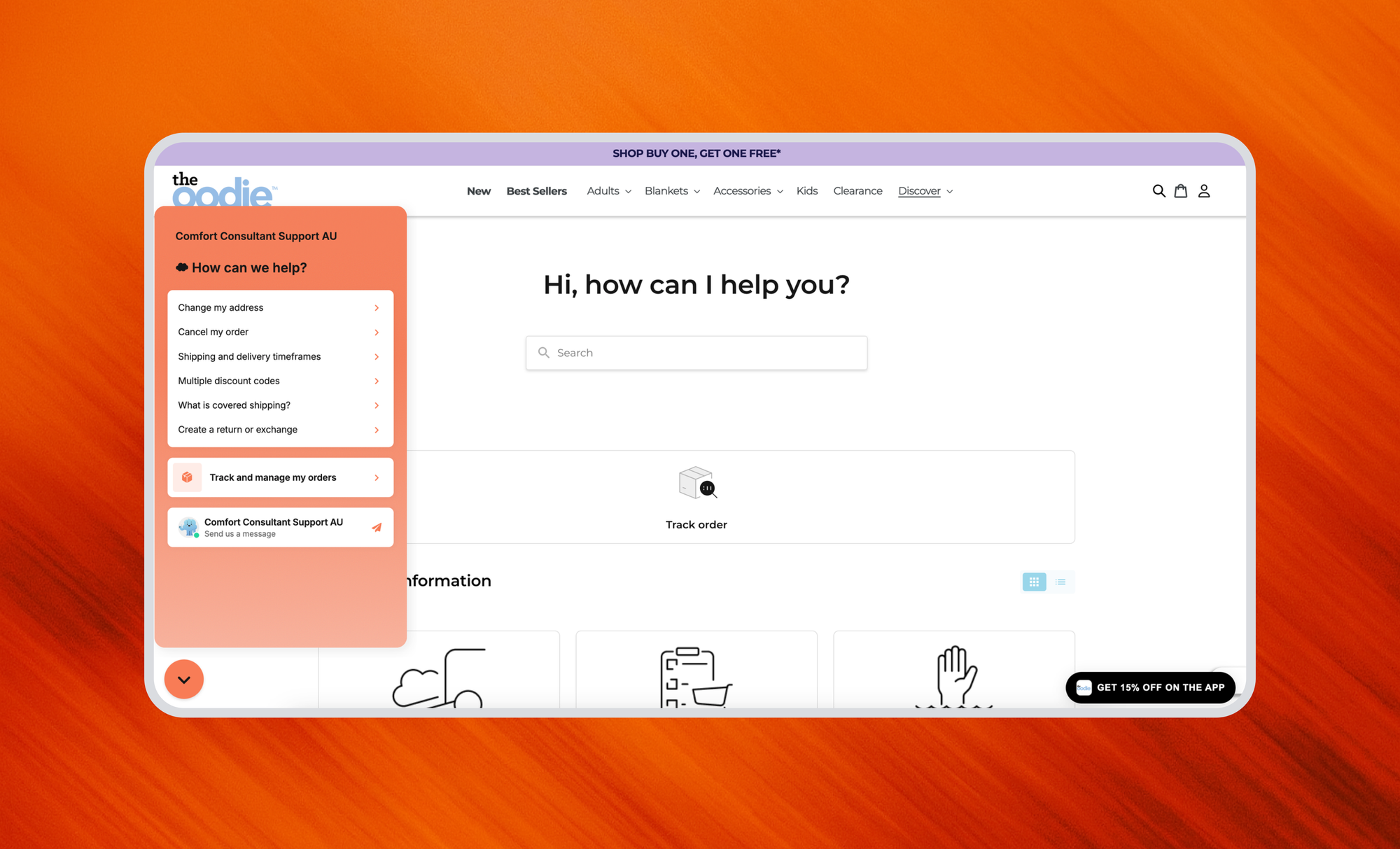 Shopify help center and live support interface showing how brands like Oodie offer fast, self-service customer support