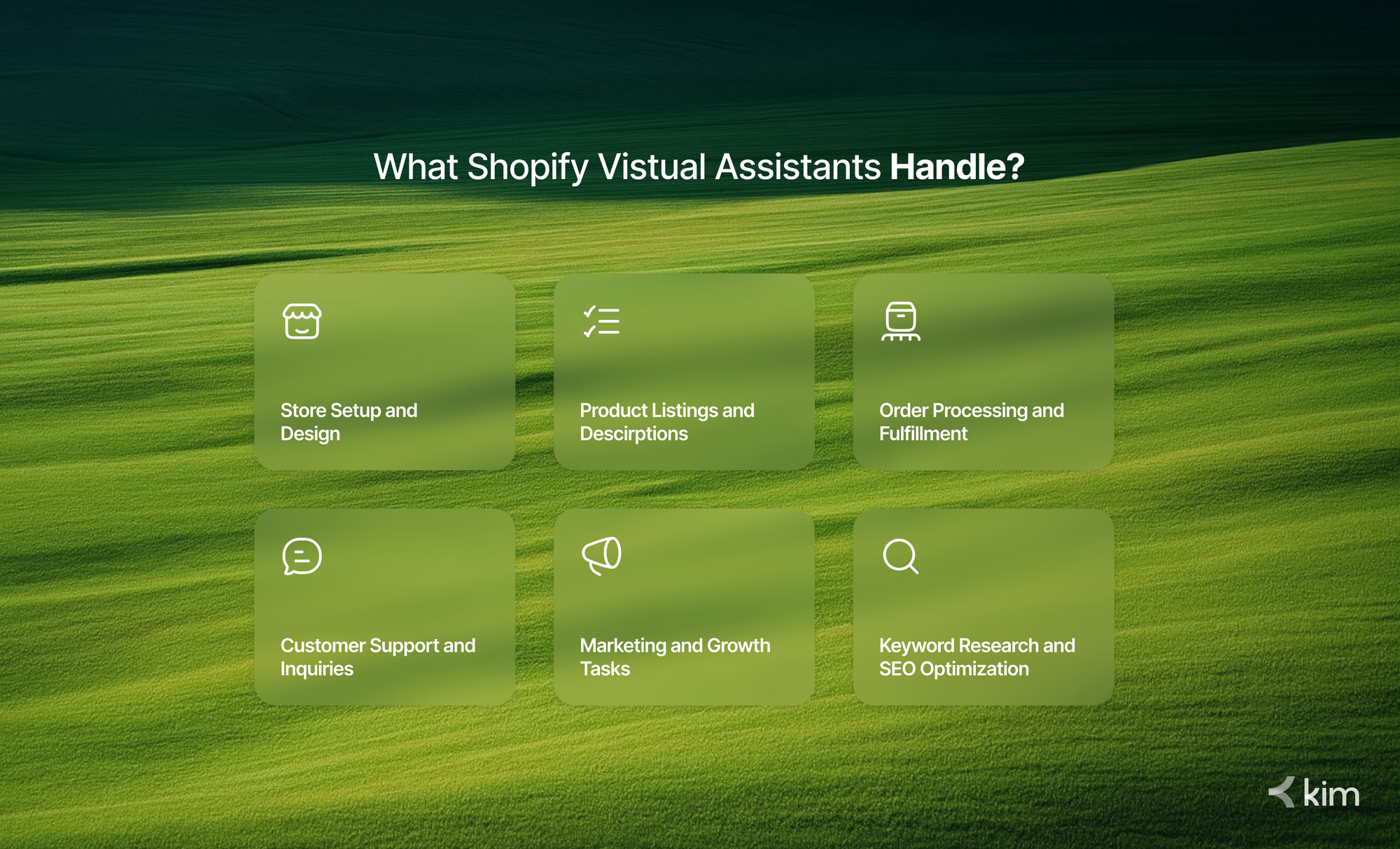 Visual overview of tasks handled by a Shopify virtual assistant, including product listings, order processing, customer support, marketing, and SEO