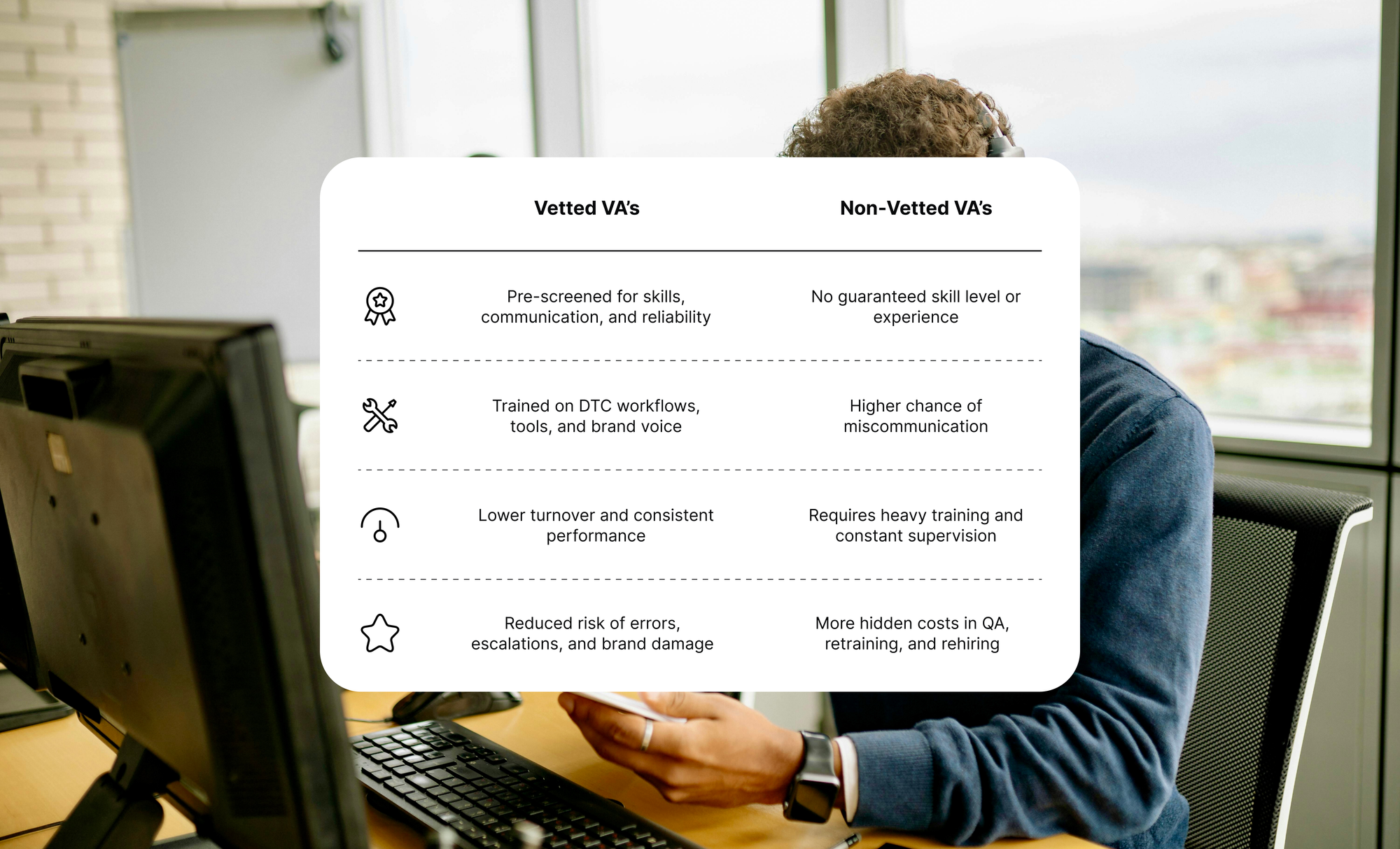 Comparison table of vetted vs non-vetted virtual assistants for DTC customer support