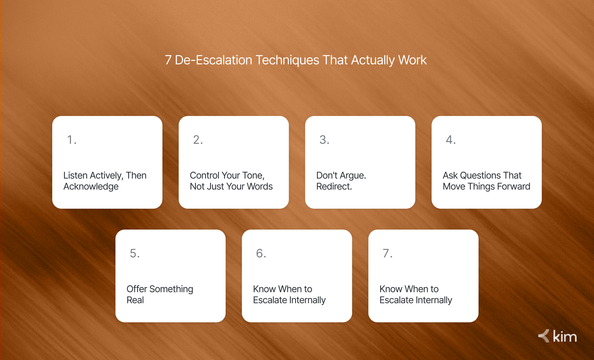 Visual guide showing seven proven de-escalation techniques for customer service agents.