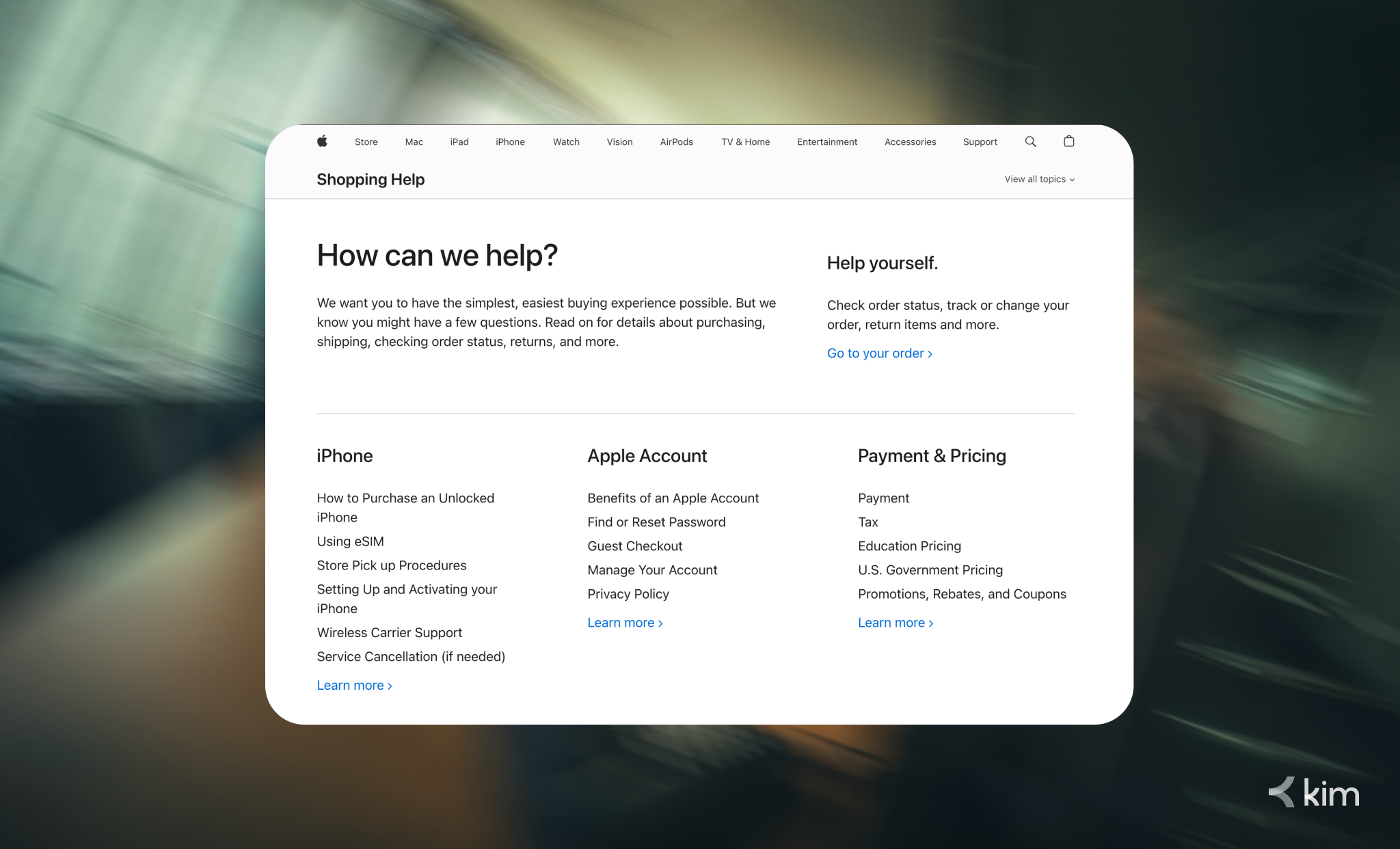 Apple shopping help center showing a structured FAQ page with categorized support topics and self-service resources.