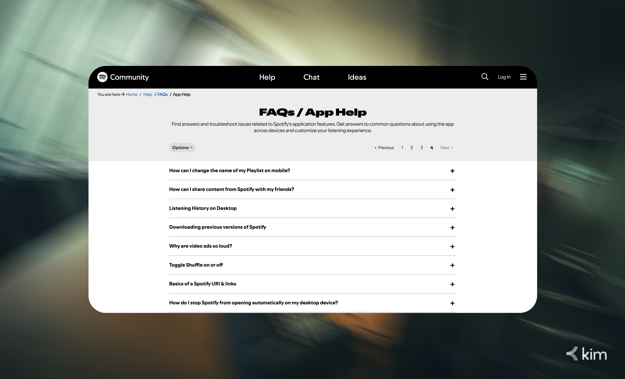 Spotify FAQ page featuring an accordion-style layout that organizes customer support questions in a simple, scannable format.