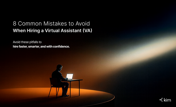 Illustration showing a professional working on a laptop highlighting common mistakes when hiring a virtual assistant